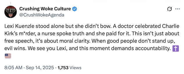 Lexi Kuenzle, Englewood, NJ nurse files lawsuit for being fired for sharing Dr Matthew Jung 'cheering' shooting of Charlie Kirk